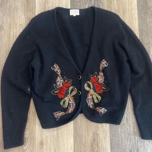 Susan Bristol Black Cardigan with Floral Embroidery